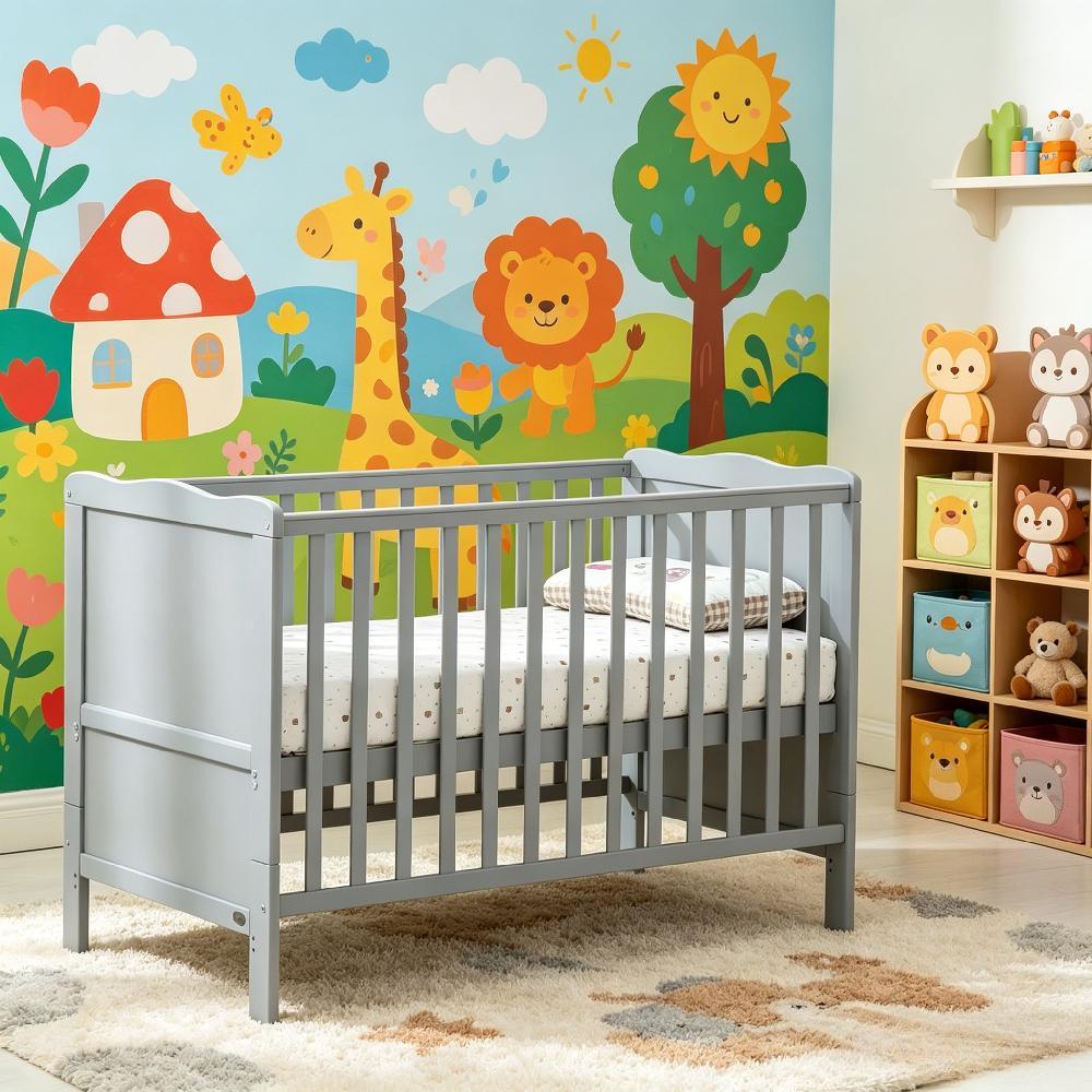 Cream White Cot Bed with Aloe Vera Waterproof Mattress, Wooden Baby Cot Convertible to Toddler Bed [Plus A Free Gift]
