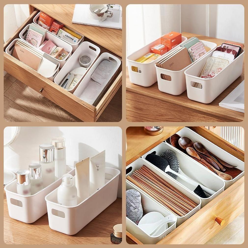 8 pack Narrow Storage Box, Plastic Storage Baskets for Shelves, Slim Kitchen Cupboard Organiser Storage Boxes for Bathroom Cabinet, Drawers, Desktop Organisation, 10 cm Wide Rectangle,White