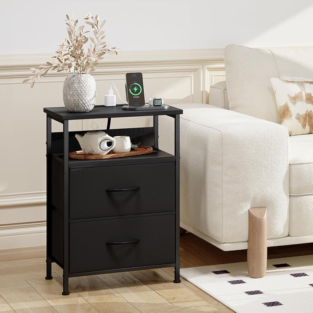 【NS】Bedside Table with Charging Station and LED Light, Bedroom 2 Drawers Bedside Cabinet with 2 Outlets and 2 USB Ports, Bed Side Table for Dorm Kids Room Closet, Wood Grain Print