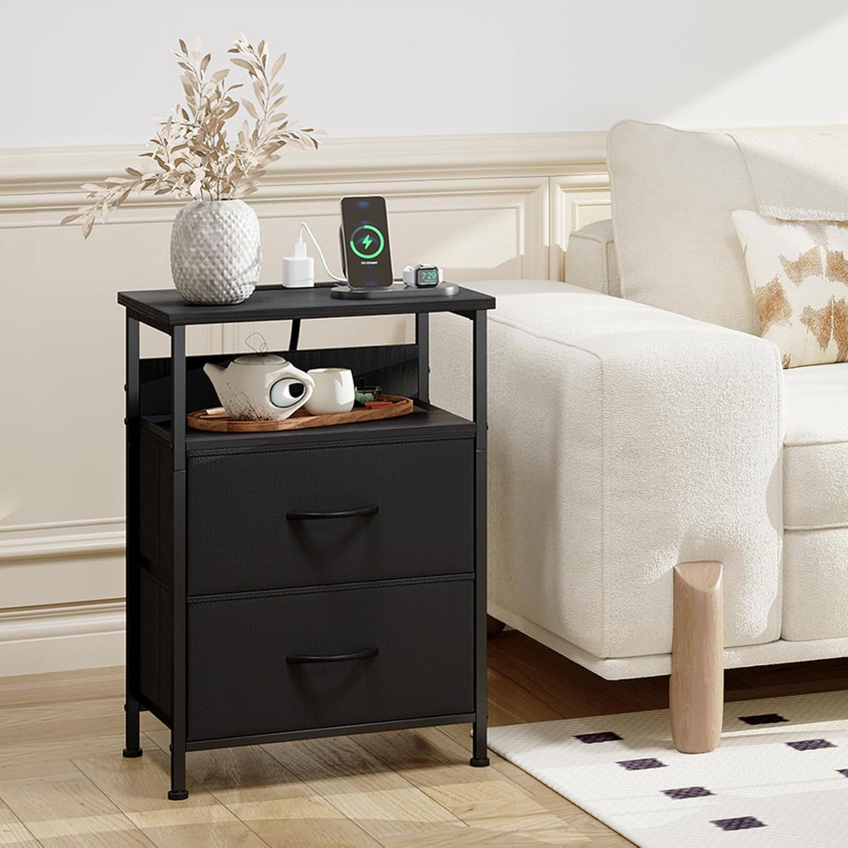 【NS】Bedside Table with Charging Station and LED Light, Bedroom 2 Drawers Bedside Cabinet with 2 Outlets and 2 USB Ports, Bed Side Table for Dorm Kids Room Closet, Wood Grain Print