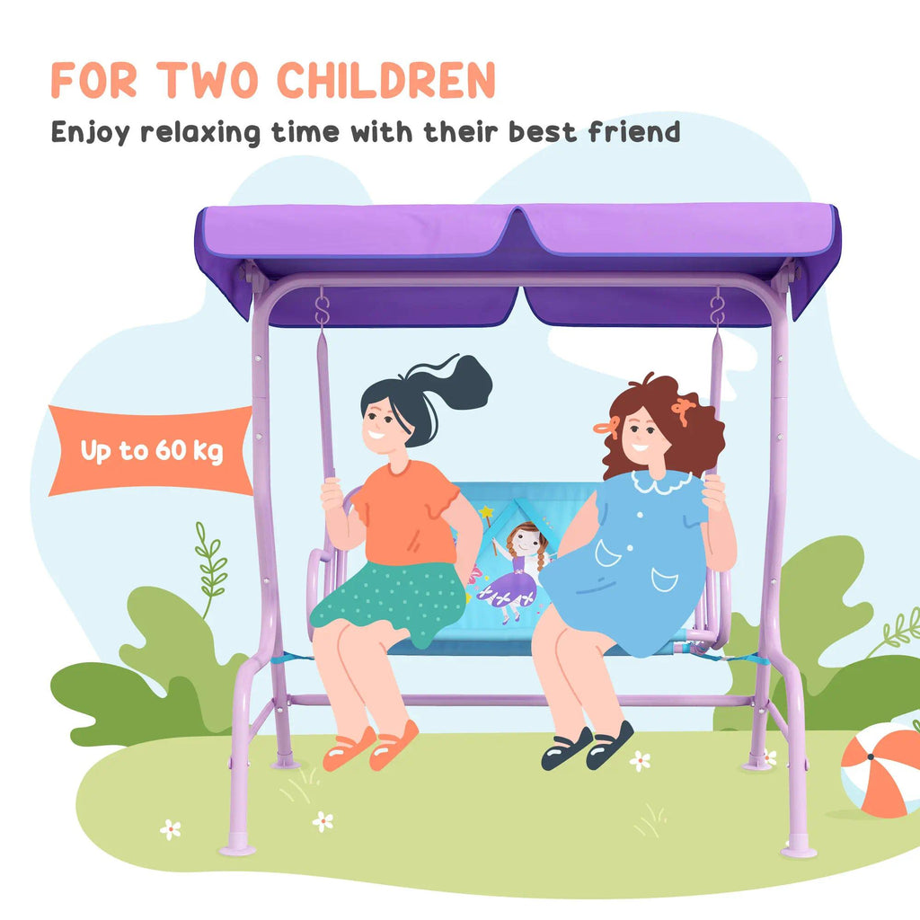 Fairy Themed Double Kids Swing Chair with Adjustable Canopy & Safety Seat Belts, 2-Seat Outdoor Garden Swing Bench for Patio Porch Backyard, Suitable for Boys Girls Ages 3-6 Years