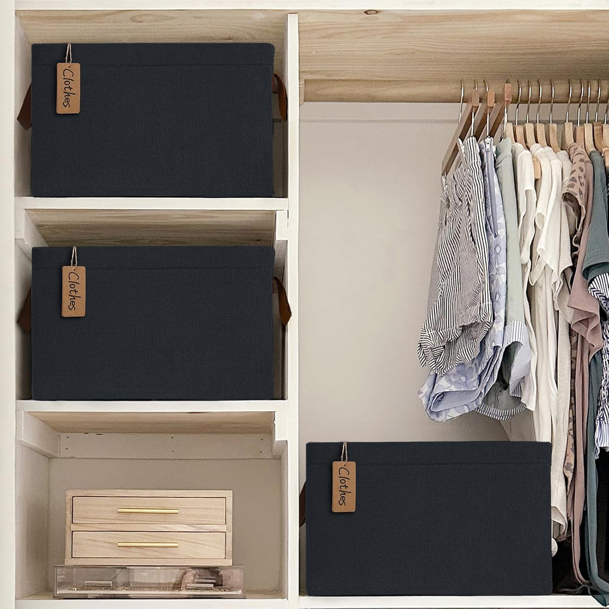 Storage Baskets, Storage Boxes for Shelves, Closet Organizers, Baskets for Shelves, Large Foldable Wardrobe Fabric Boxes, 43 x 28 x 25 cm, Beige, 2-Pack
