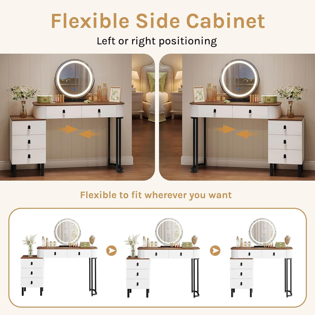 Dressing Table Vanity Desk with 3‑Colour Dimmable LED Swivel Mirror, 100×40cm Makeup Table with 5 Drawers & Removable Side Cabinet for Bedroom