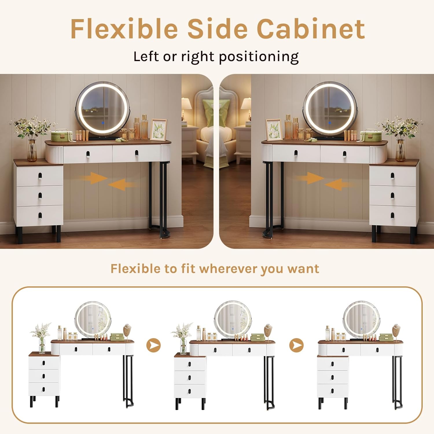 Dressing Table Vanity Desk with 3‑Colour Dimmable LED Swivel Mirror, 100×40cm Makeup Table with 5 Drawers & Removable Side Cabinet for Bedroom