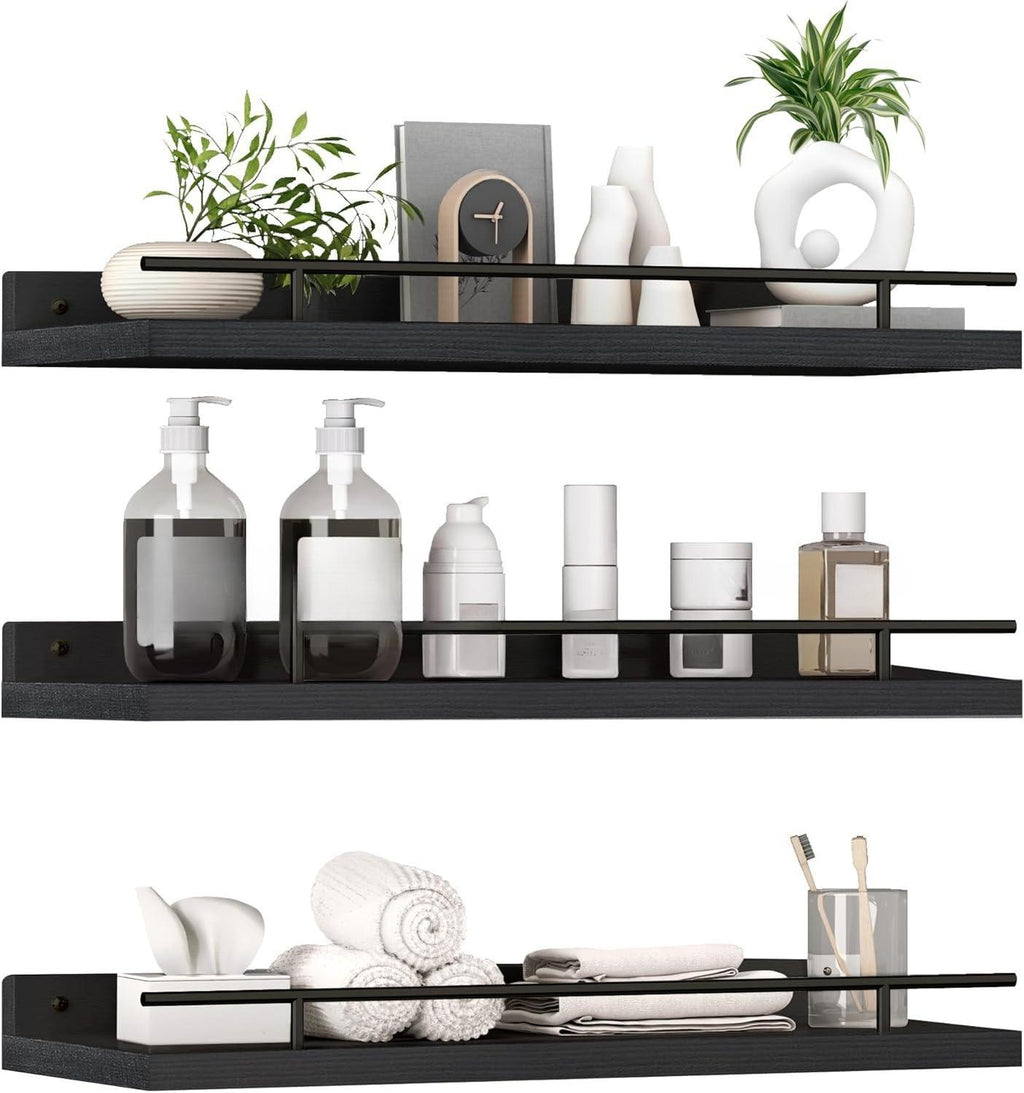 3 Set Floating Wall Mounted Wood Shelves - Versatile Picture Ledge Display Racks & Spice Racks, Decorative Wooden Wall Shelves Ideal for Bathroom, Living Room, Kitchen, Home Office & Laundry Room, Space-Saving Home Storage Decor