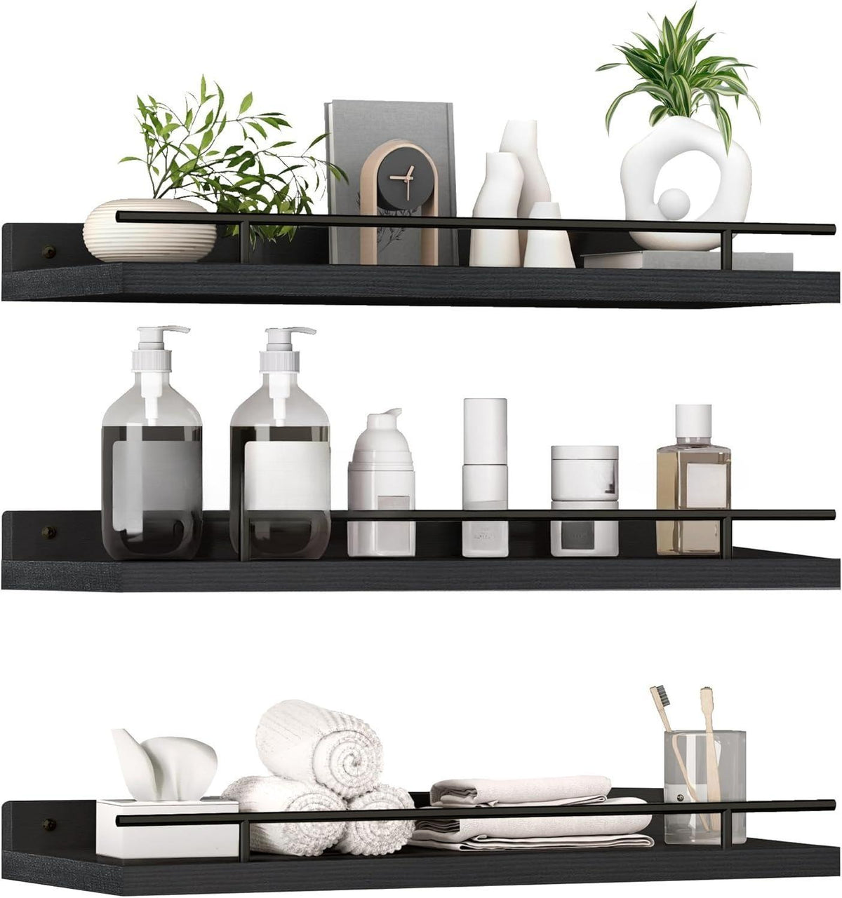 3 Set Floating Wall Mounted Wood Shelves - Versatile Picture Ledge Display Racks & Spice Racks, Decorative Wooden Wall Shelves Ideal for Bathroom, Living Room, Kitchen, Home Office & Laundry Room, Space-Saving Home Storage Decor