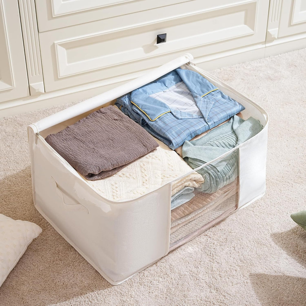 Large Storage Bags with Zip and Clear Window, Cotton Blended Fabric Storage Containers for Seasonal Clothes and Bedding, 60x40x35 cm, 2-Pack, Beige