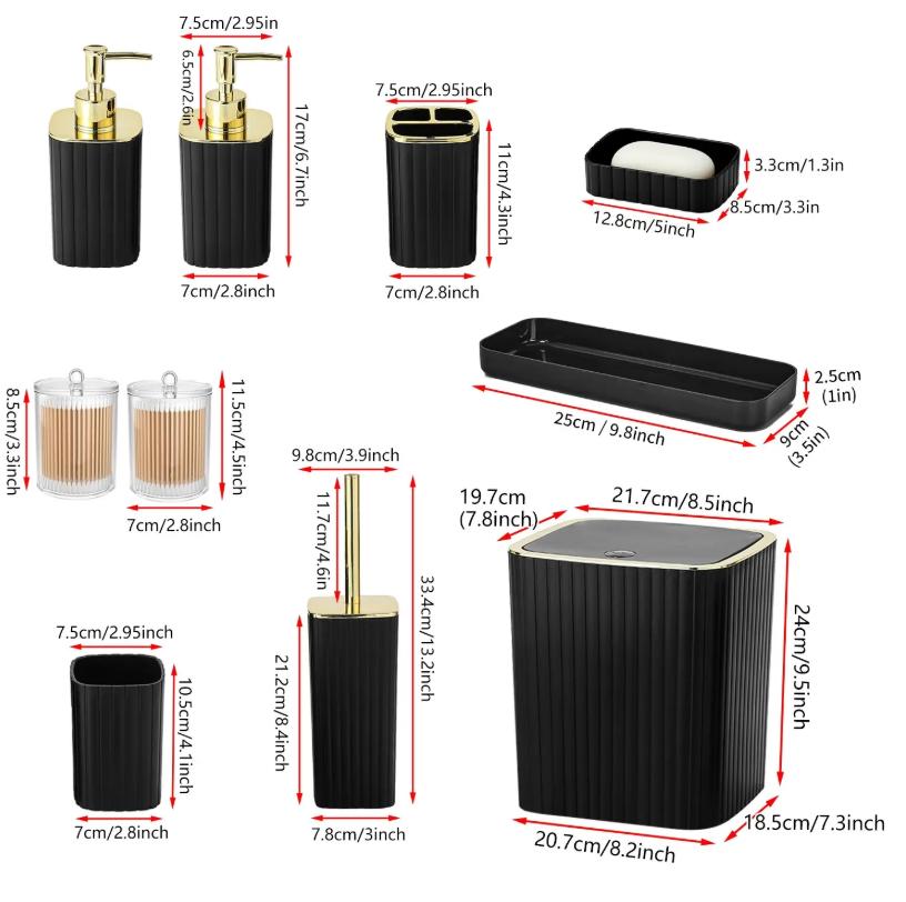 10-Piece Black Gold Bathroom Accessories Set, Complete Bathroom Organizer Kit with Trash Can, Toilet Brush, Toothbrush Holder, Soap Dispenser, Soap Dish, Rinse Cup, Cotton Swab & Cotton Ball Storage Jars for Countertop Decor