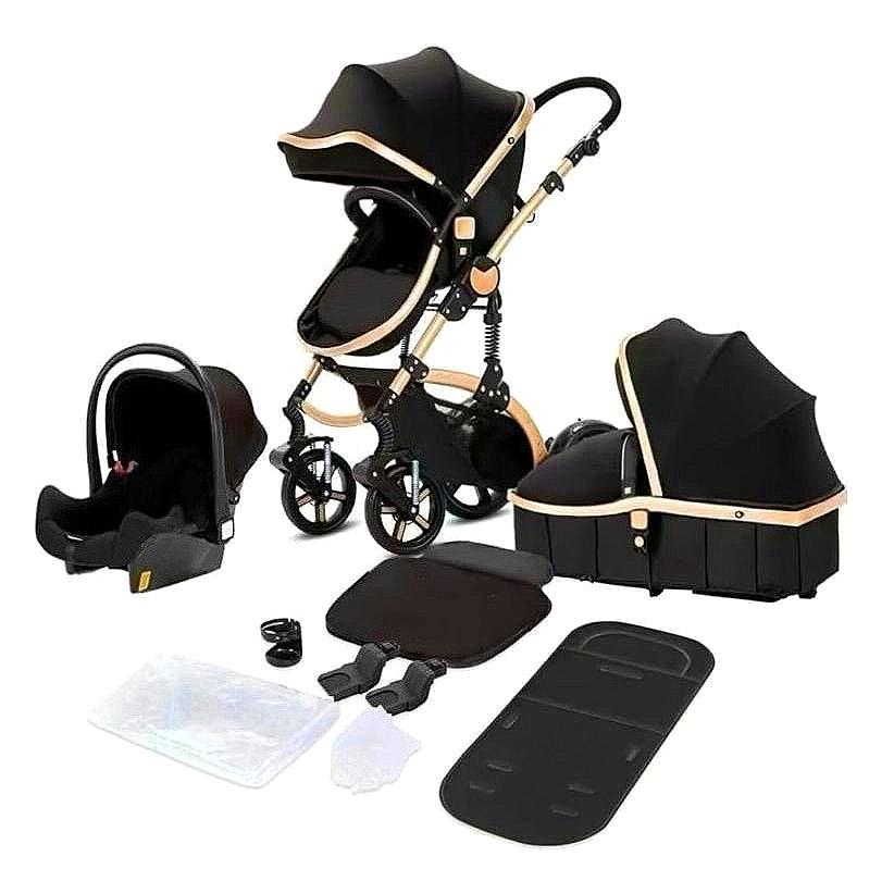 Baby Buggy, Baby Pram, Pushchair, 3 in 1 Travel System, Foldable Stroller, Lightweight Folding All in One Stroller, Portable Baby Carriage for Newborns and Toddlers, Aluminium Frame, Black - Rose Gold