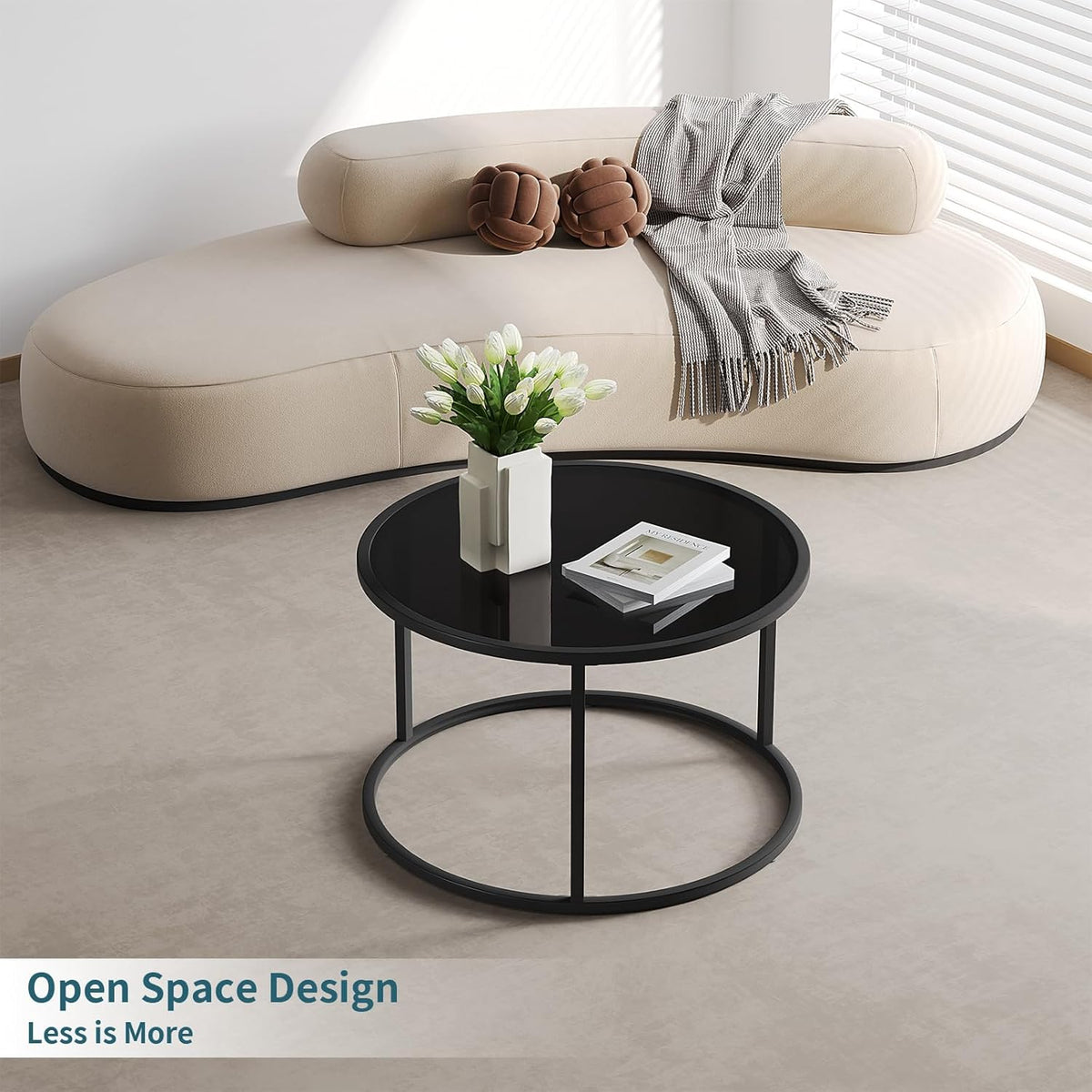 【NS】Glass Coffee Table Small Round Coffee Tables 70cm Modern Tempered Glass-Top Accent Center Table for Living Room Home Office Small Space Easy Assembly, Black
