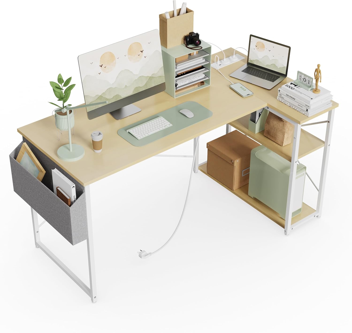 Small L Shaped Desk - 100x70cm Gaming Corner Computer Desk Writing Table, Reversible Large Storage Shelves, Bookshelf Workstation for Study Play Work Home Office Black