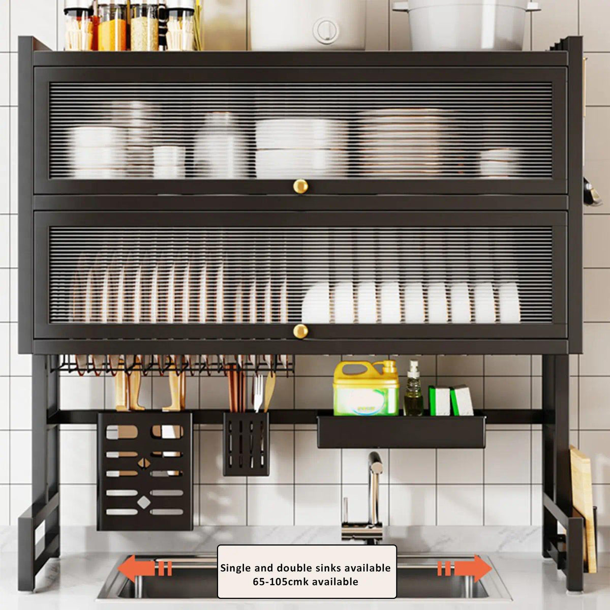 2‑Tier Over‑The‑Sink Dish Drying Rack, Black Carbon Steel Kitchen Counter Organizer with Acrylic Dust‑Proof Cabinet Doors, Dish Shelf & Spice Storage, Space‑Saving Sink Shelf, Size 95×28×90cm