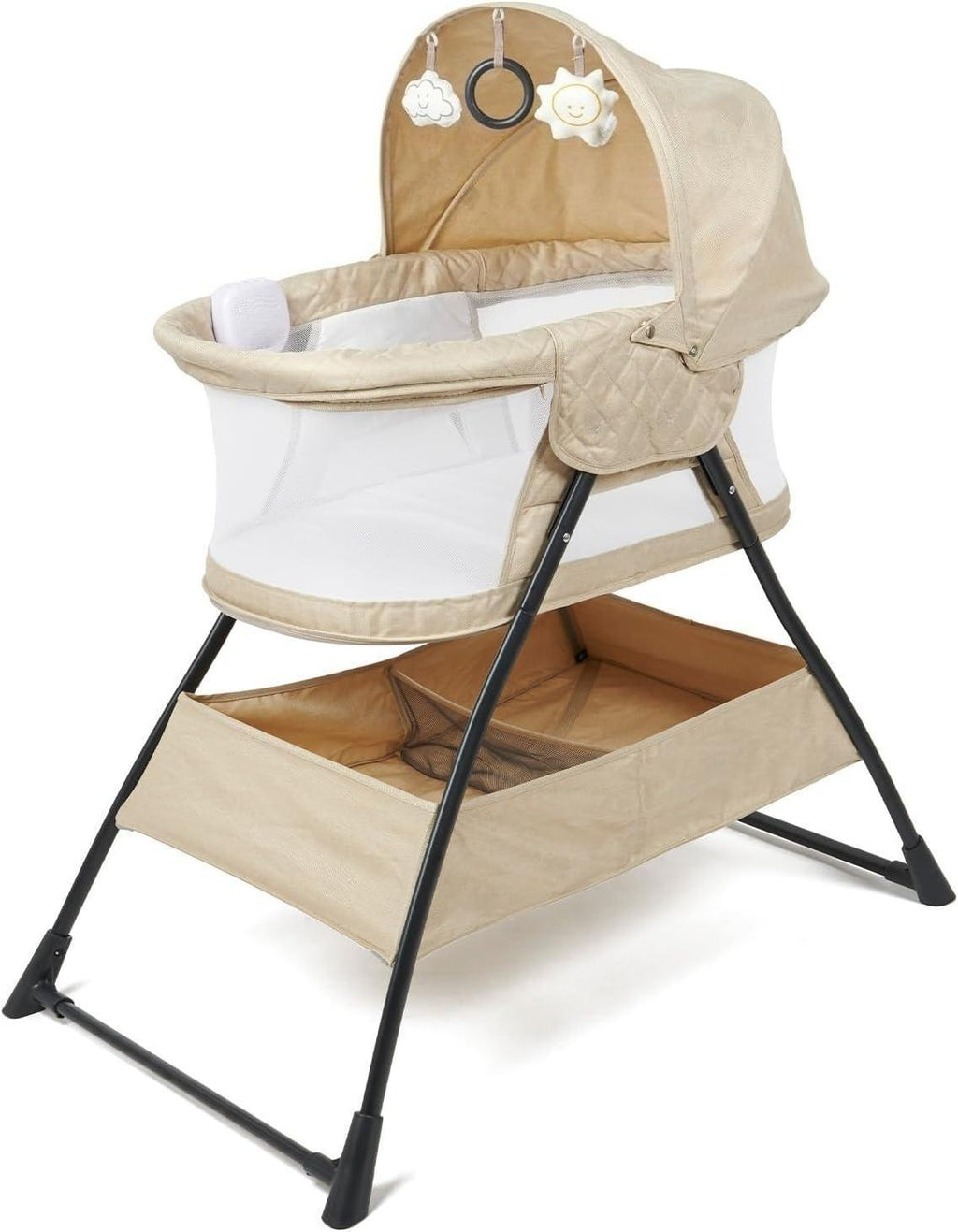 Sleepy Portable Side Crib & Moses Basket, Foldable Baby Sleeper with Gentle Vibration, Soothing Lullabies, Padded Mattress, Removable Canopy & Toys, Breathable Mesh Nursery Bed for Newborn