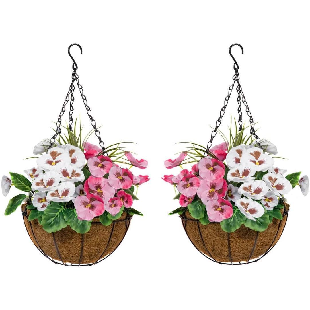2 Pcs Coco Coir Artificial Hanging Planters, Fake Pink White Pansies Floral Arrangement with Decorative Grasses, UV Waterproof Hanging Basket for Indoor Outdoor Garden Decor