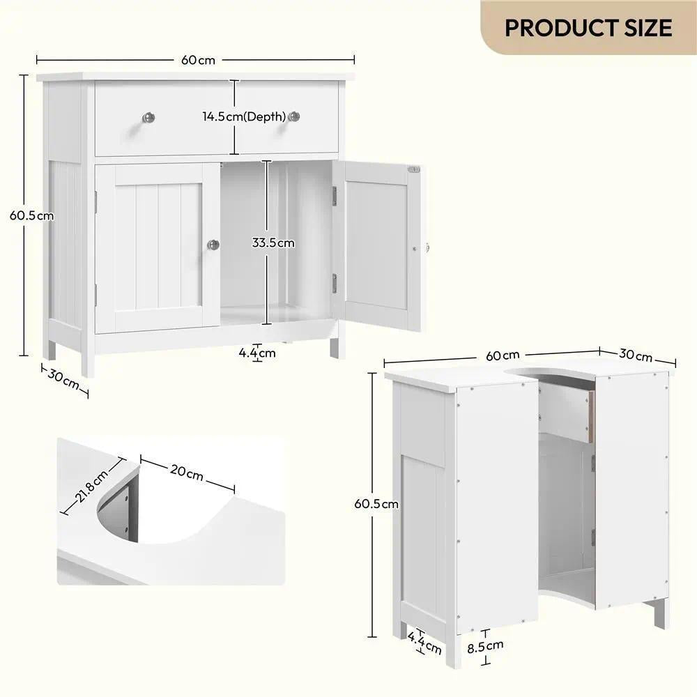 White Under Sink Bathroom Cabinet, Freestanding Storage Unit with 2 Doors and Divided Drawers, Compact for Small Spaces, 60x30x60 cm [Plus A Free Gift]