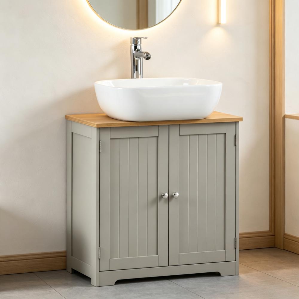 Grey Freestanding 2-Door Under-Sink Cabinet, Space-Saving Storage with Adjustable Shelves, Anti-Tip Kit & Sink Cut-Out, Modern Small Bathroom Unit, H60 x W60 x D30 cm [Plus A Free Gift]