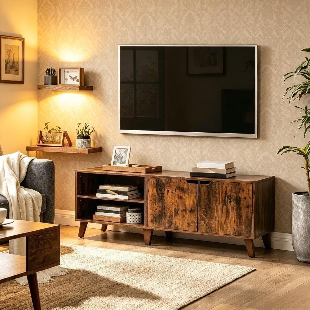 140cm TV Cabinet with 2 Doors and Adjustable Shelves, Media Console for TVs up to 60 Inches, Entertainment Stand for Living Room, Dining Room, Bedroom [Plus A Free Gift]