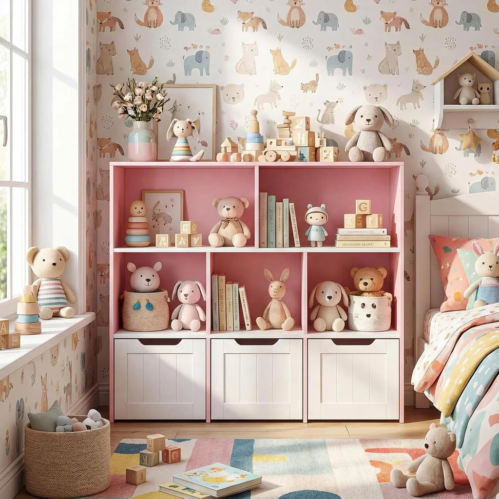 COSTWAY Kids Toy Storage Cabinet, Wooden Playroom Chest with Drawers and Large Open Shelf, Children Room Toys Books Storage Organizer for Boys Girls. For detailed product dimensions, please refer to the size chart in the product description.