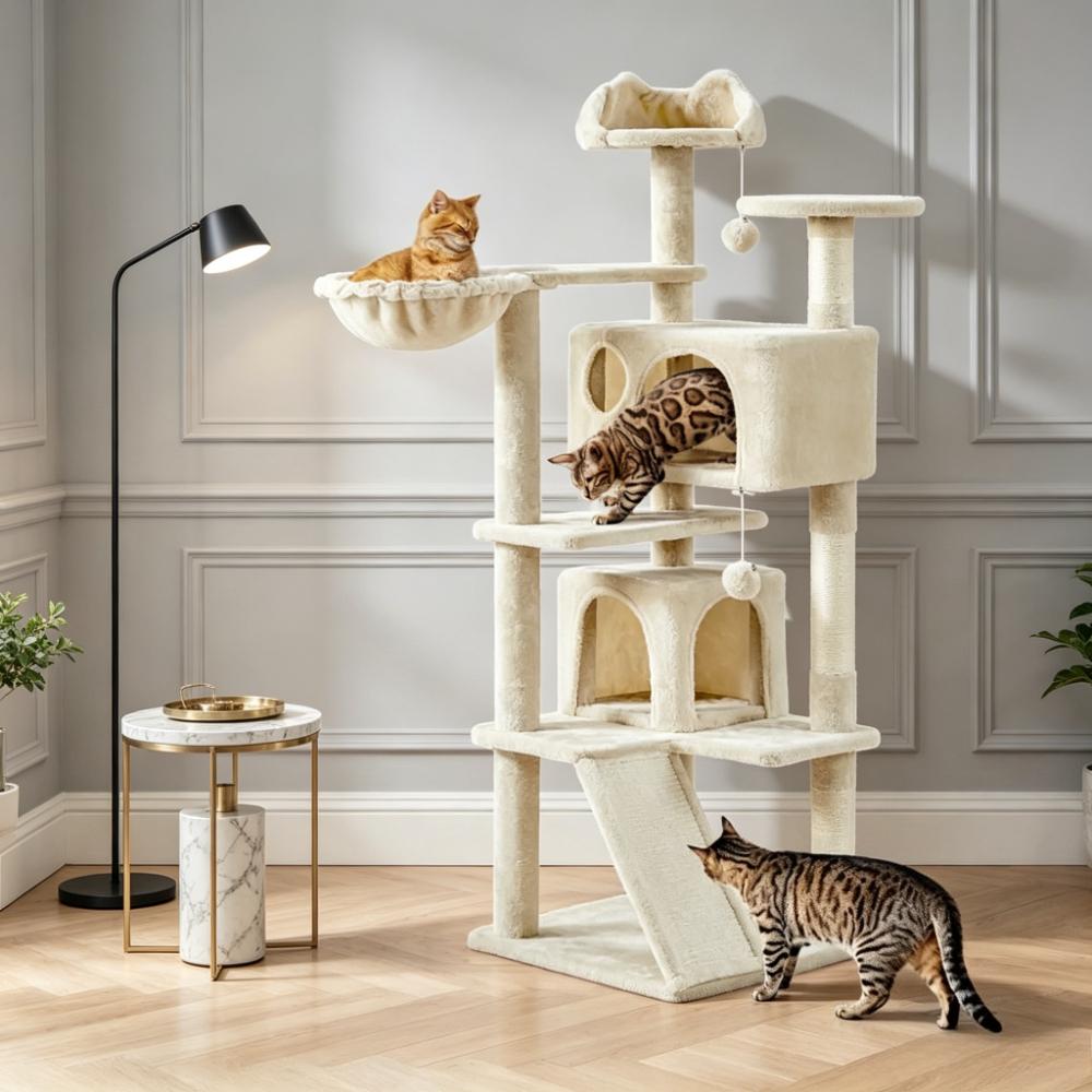 144.5cm Tall Multi-Level Cat Tree with Sisal Scratching Posts, 2 Cozy Condos & Hanging Balls, Large Climbing Tower for Active Kittens and Small Cats, Indoor Play House for Exercise and Rest [Plus A Free Gift]