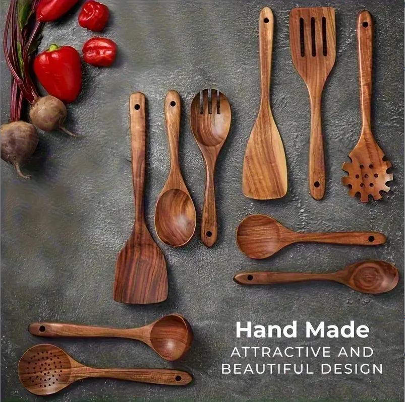 10-Piece Natural Wood Kitchen Utensil Set, Ergonomic Heat Resistant Wooden Cooking Tools, Non-Scratch Spoons & Spatulas for Electric Stoves, Premium Wooden Cookware Accessory, Ideal Kitchen Gift for Home Cooking