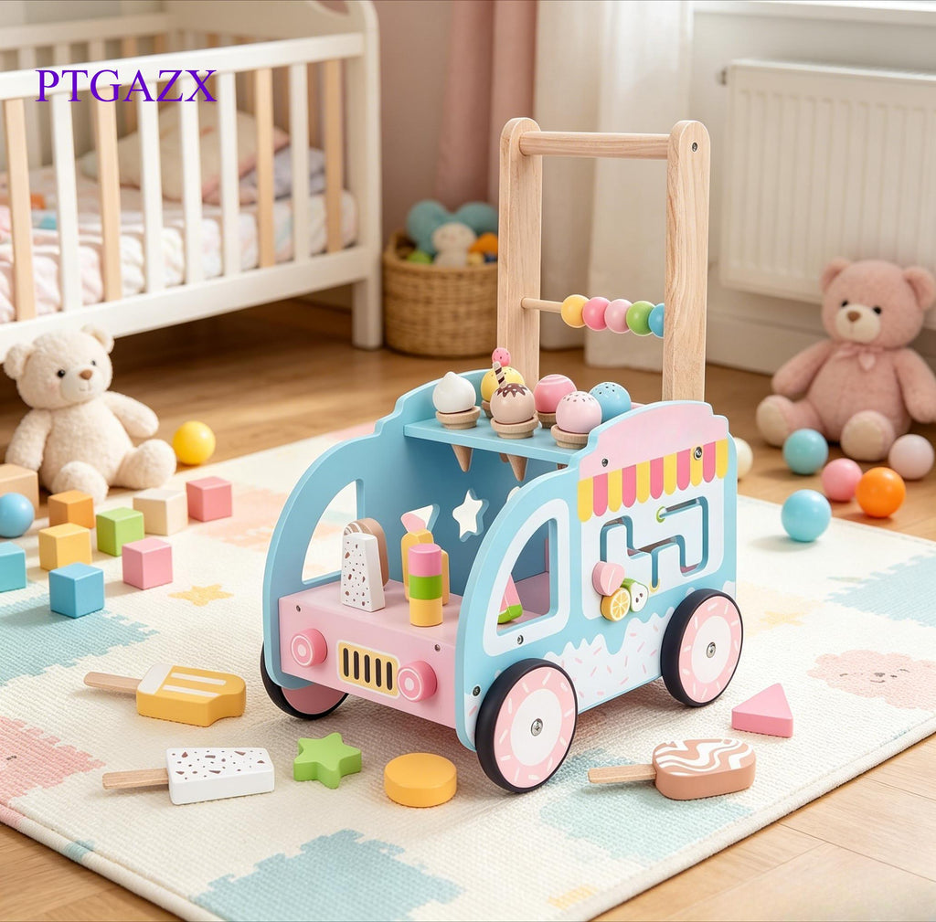 Multifunctional Wooden Ice Cream Shop Push Walker with Silent Wheels Pretend Play Store Activity Center Early Educational Walking Toy Improve Hand Eye Coordination for Toddler Kids 1 2 3 Years Old Girls Boys Ideal Birthday Holiday Present Free