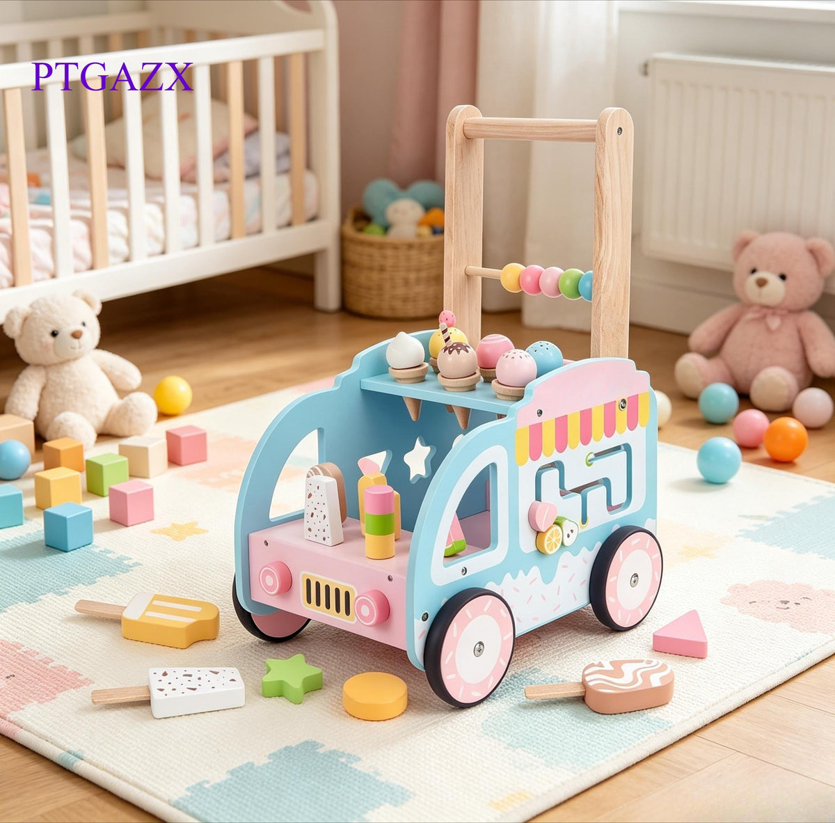 Multifunctional Wooden Ice Cream Shop Push Walker with Silent Wheels Pretend Play Store Activity Center Early Educational Walking Toy Improve Hand Eye Coordination for Toddler Kids 1 2 3 Years Old Girls Boys Ideal Birthday Holiday Present Free