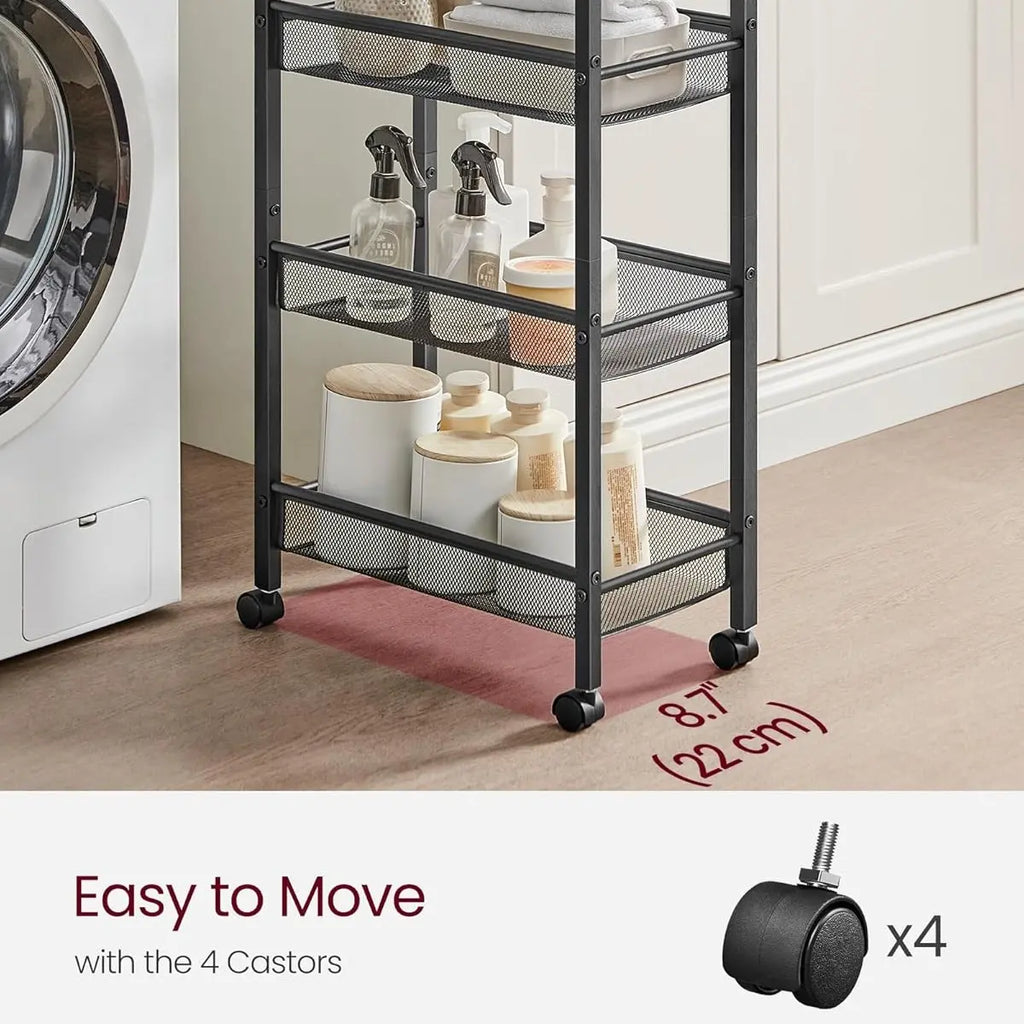 VASAGLE 4-Tier Trolley, Space-Saving Kitchen Cart with Wheels, Steel Frame, Handle, Slim StorageTrolley for Small Spaces, 22 x 45.5 x 77 cm, Kitchen Bathroom Living Room Studio Organiser Racks