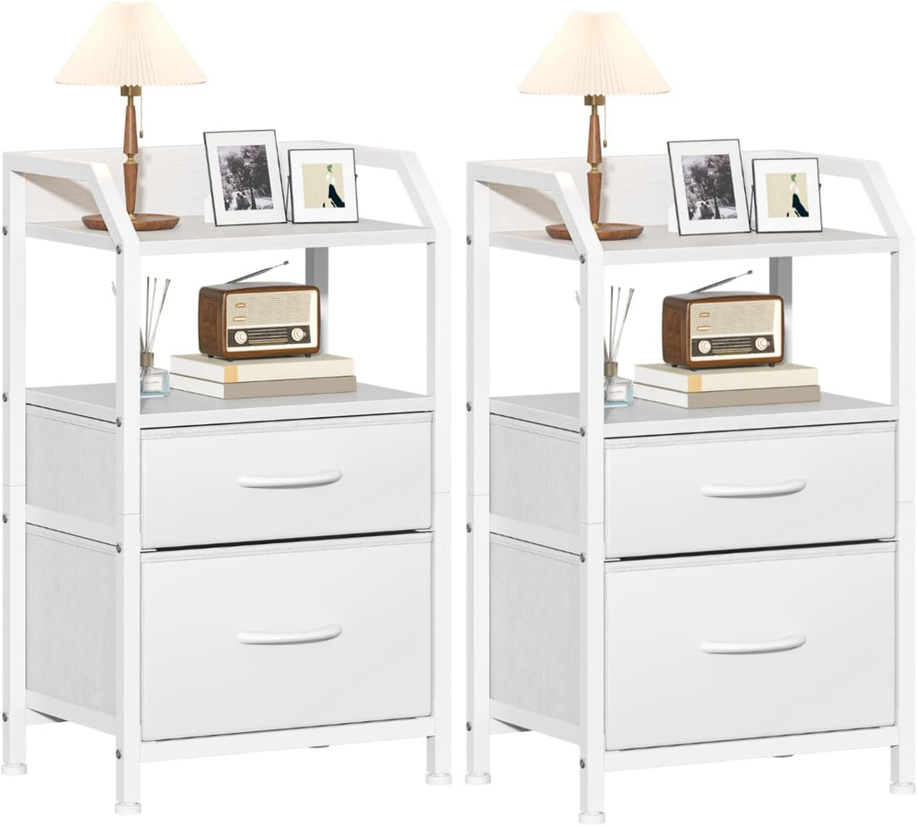Set of 2 Rustic Industrial Nightstands, Wood and Metal Bedside Table with Drawers & 2 Open Storage Shelves, Multi-Purpose End Table Sofa Side Table, Bedside Organizer Cabinet for Bedroom Living Room Small Spaces