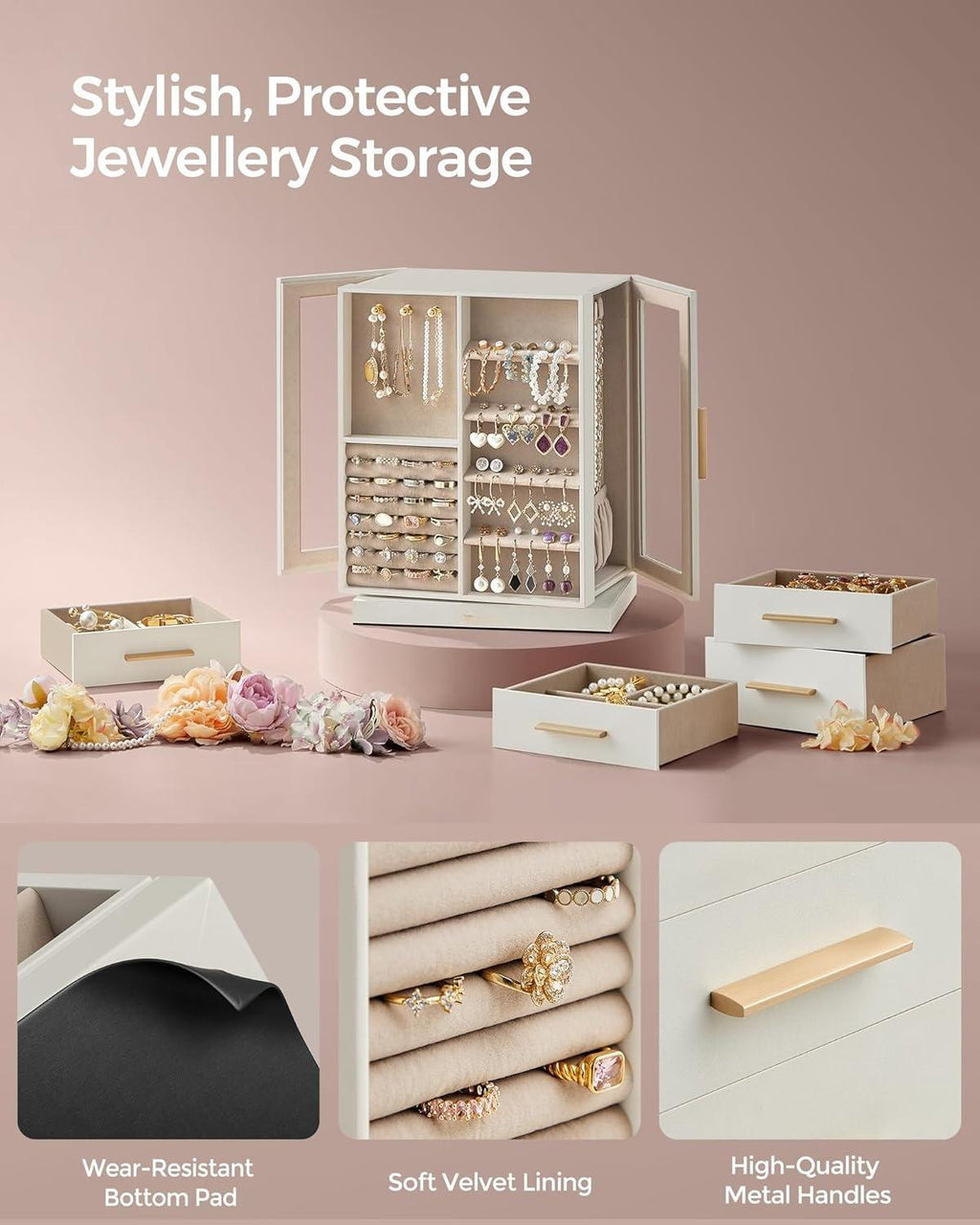 Luxury Cloud 360° Rotating Jewellery Box Organiser, Vertical Large Capacity Jewellery Display Case with 5 Drawers Transparent Window, Open Design Spacious Jewelry Storage Box, Elegant Gift for Women Girls Dresser Desktop Decor
