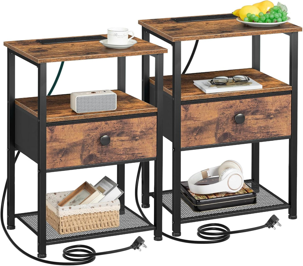 Bedside Table Set of 2 with Charging Station, Nightstand with 2 AC Outlets & USB Ports, Fabric Drawer Night Stand with Open Storage Shelf, Small Side End Table for Bedroom Living Room, Small Space Furniture, Black / Brown