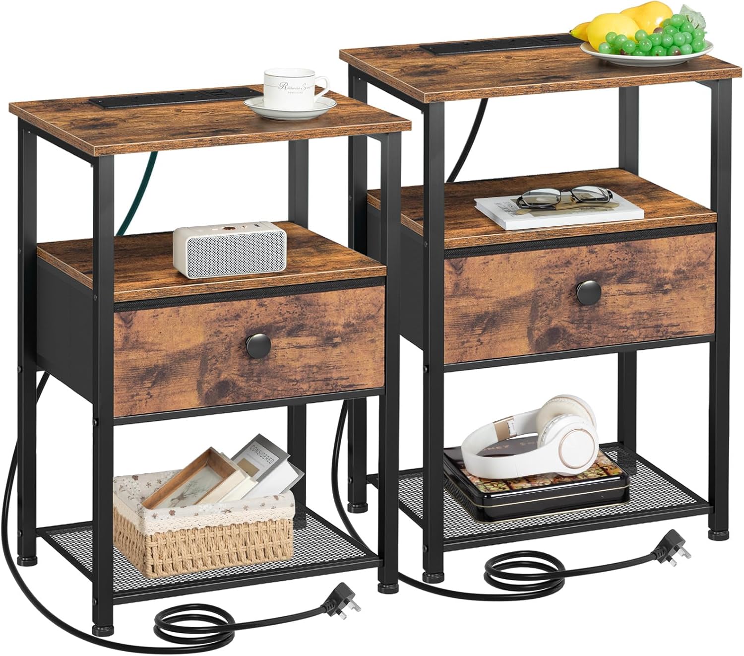 Bedside Table Set of 2 with Charging Station, Nightstand with 2 AC Outlets & USB Ports, Fabric Drawer Night Stand with Open Storage Shelf, Small Side End Table for Bedroom Living Room, Small Space Furniture, Black / Brown
