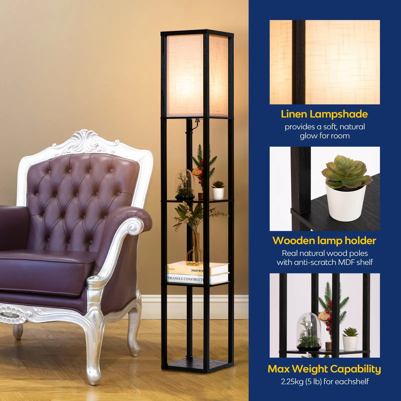 Neviland Floor Lamps with Shelves for Living Room, 3 Layers Morden Standard Lamp with LED Light for Bedroom, Office, Black/Wood/ Gray-brown[Energy Class A]A suitable gift for friends and family on holidays or for moving. Valentine's Day gift