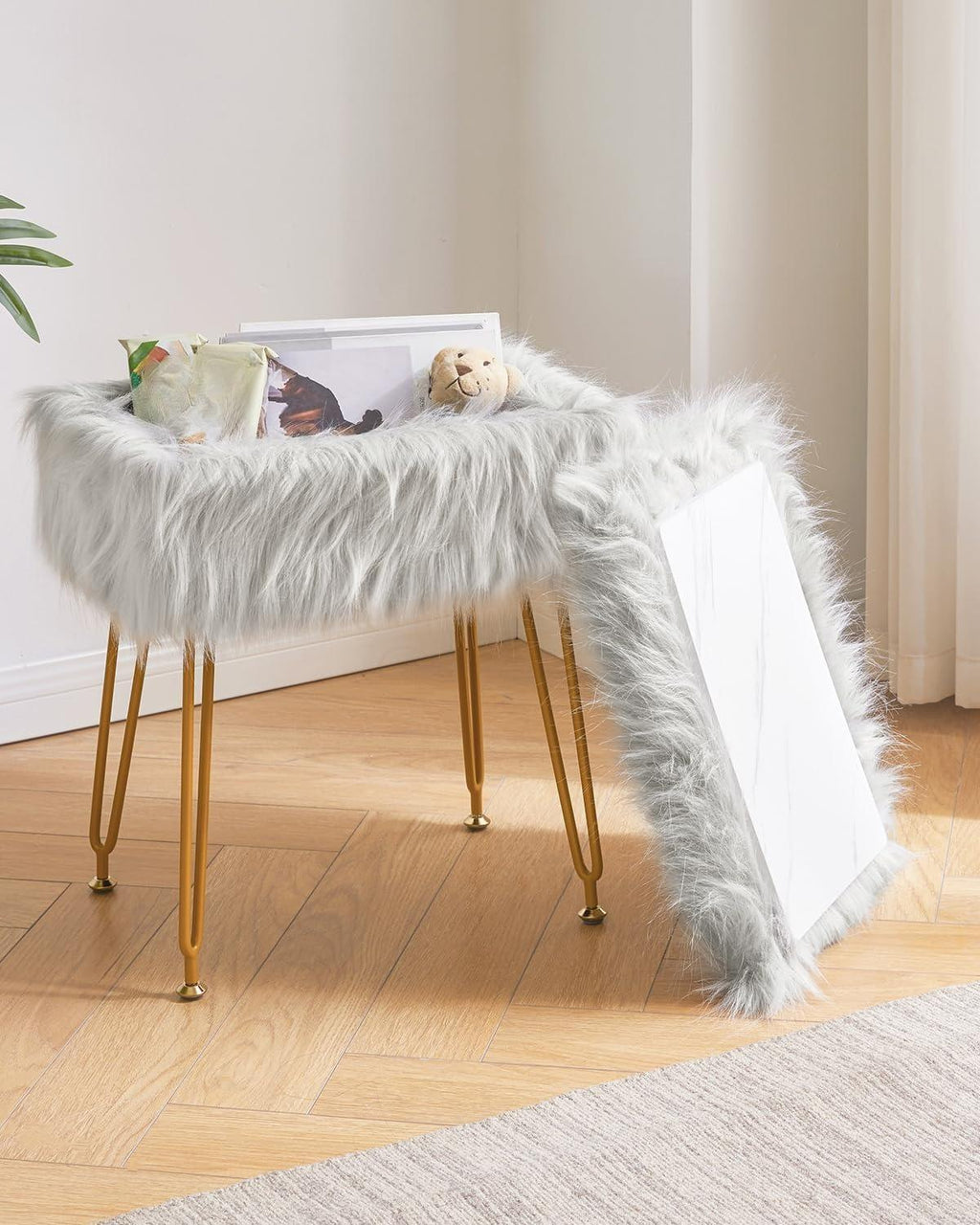 Rectangular Faux Fur Vanity Stool with Storage, Furry Makeup Chair Ottoman, Soft Padded Seat, Round Footrest Footstools with 4 Metal Legs, for Living Room Bedroom Entryway,