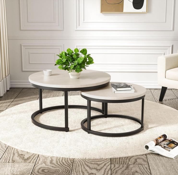 Set of 2 Round Nesting Coffee Tables Multi-Functional Side End Table with Sturdy Metal Frame Space Saving Accent Furniture for Living Room Bedroom Apartment Modern Industrial Minimalist Style