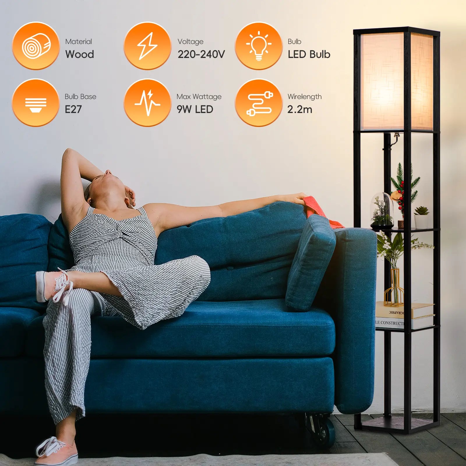 Neviland Floor Lamps with Shelves for Living Room, 3 Layers Morden Standard Lamp with LED Light for Bedroom, Office, Black/Wood/ Gray-brown[Energy Class A]A suitable gift for friends and family on holidays or for moving. Valentine's Day gift