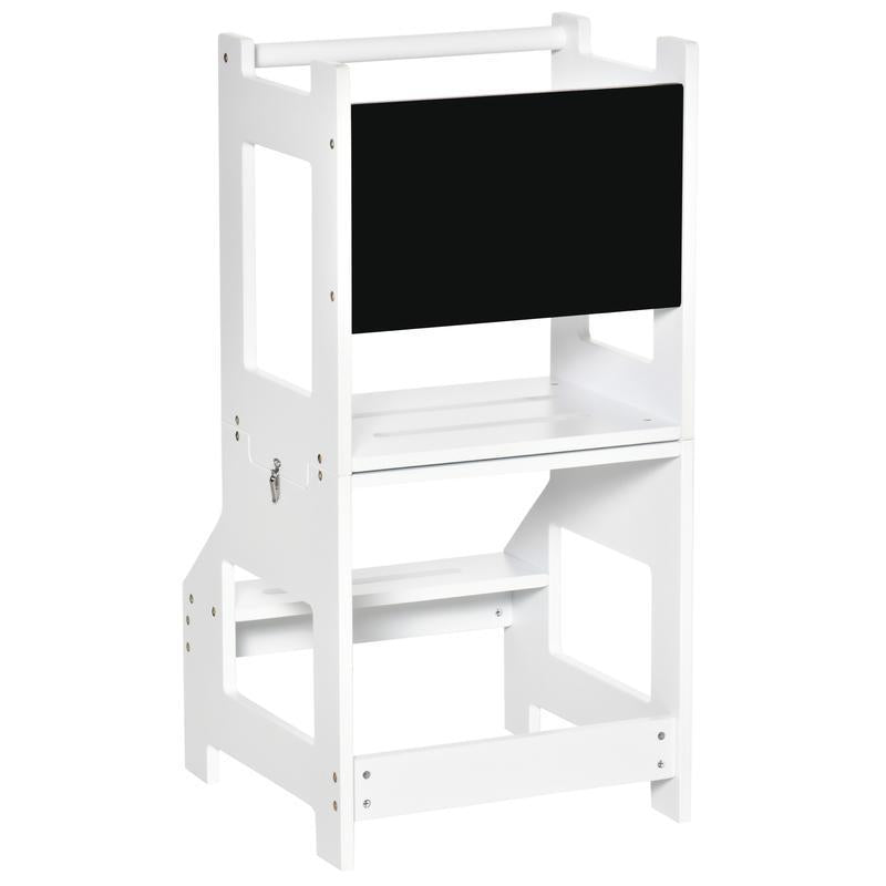 3 in 1 Kids Kitchen Step Stool with Safety Rail, Convertible Toddler Learning Tower with Chalkboard, Anti-Slip Montessori Standing Tower Helper for Kitchen Counter, Bathroom Sink, White