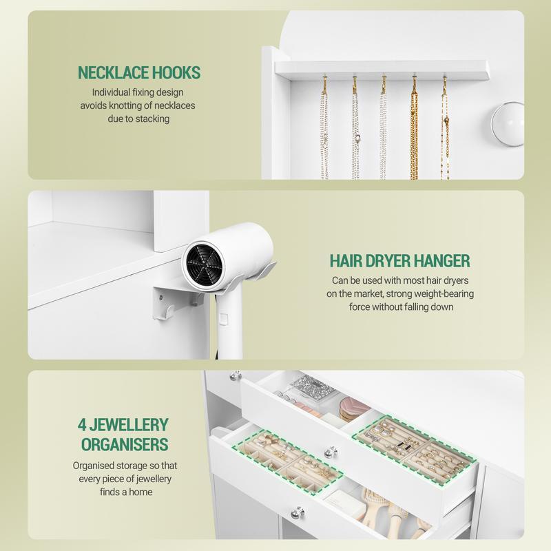 【NS】Dressing Table with Mirror, Vanity Table with Adjustable Brightness, Power Strip, 4 Drawers and 2 Open Cabinets, 5 Jewelry Hooks, Open Compartments, White,