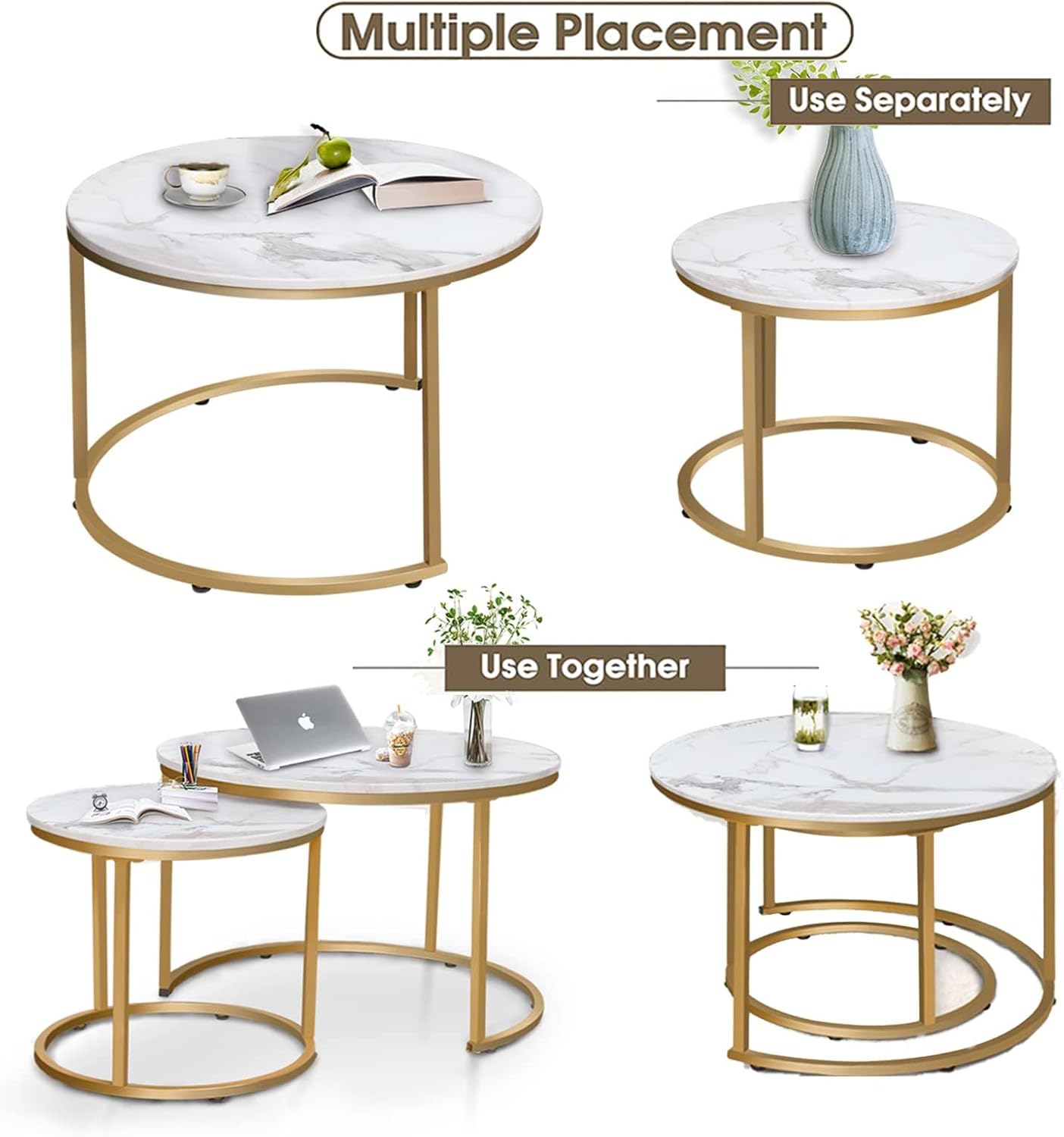 Marble Nesting Coffee Table Set for Living Room, Round Metal Frame Center & End Tables for Small Space, Bedroom, White & Black, 60x50cm