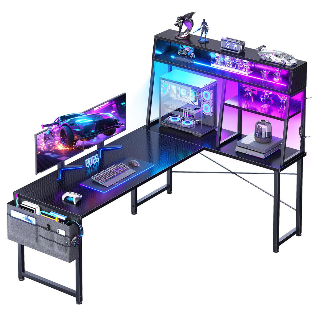 L Shaped Gaming Desk with Led Lights,  Reversible Corner Computer Desk with Display Shelves, PC Gaming Table with Storage Bag Black