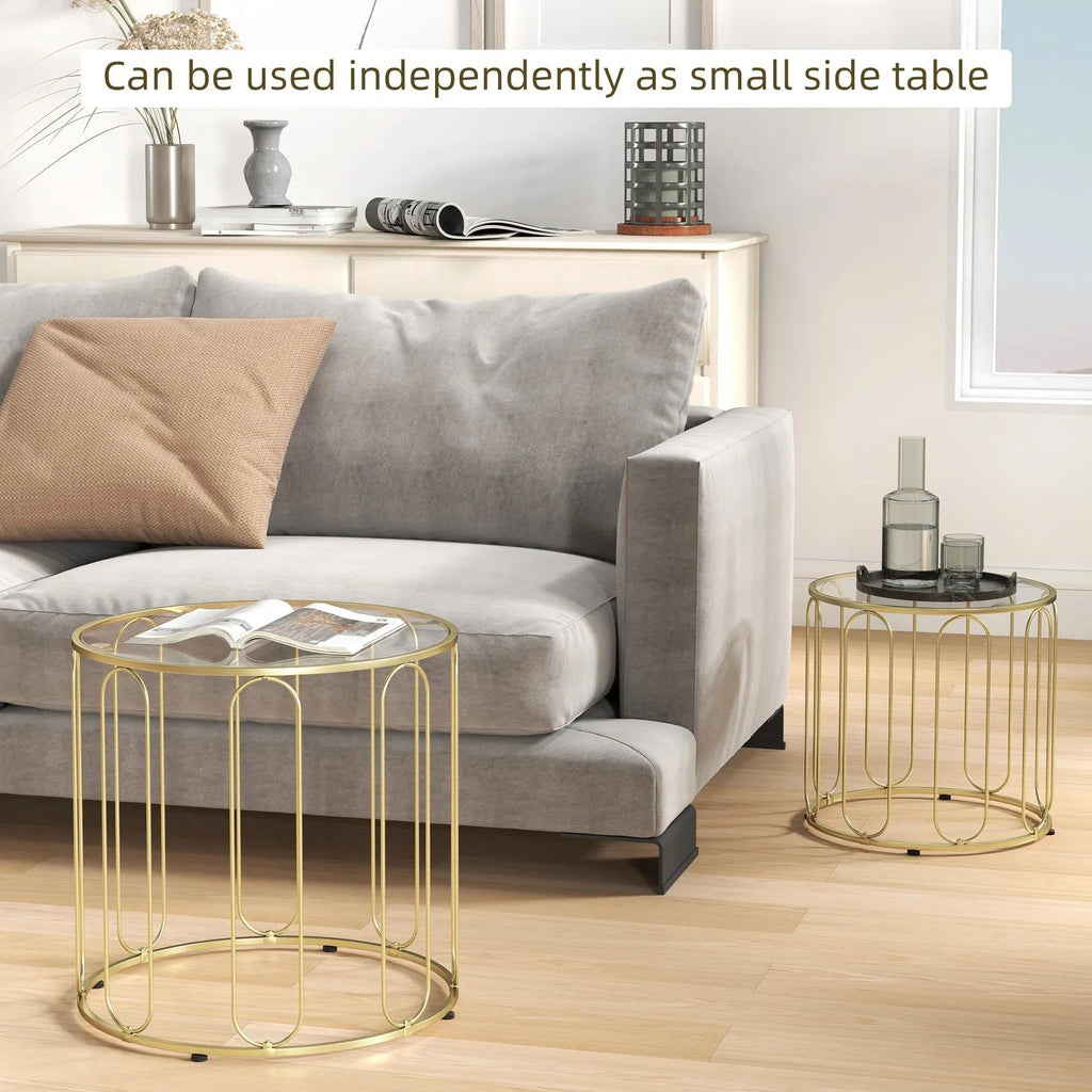2‑Piece Nesting Coffee Table Set, Round Tempered Glass Side Tables, Gold Tone Sturdy Metal Frame Stacking Tea Table, Modern Decor Nest of Tables for Living Room Bedroom Office Small SpacesW