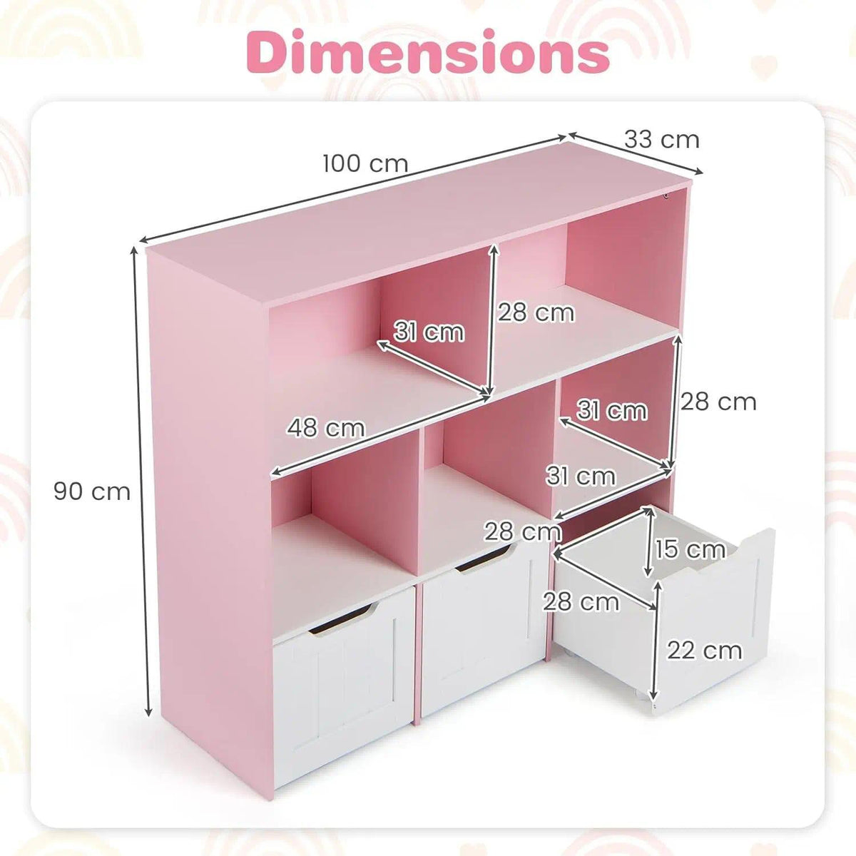 Wooden Kids Toy Storage Organizer Bookcase, 5 Open Cubes with 3 Rolling Wheeled Drawers, Multi‑Purpose Children Storage Cabinet for Playroom Kids Bedroom Nursery