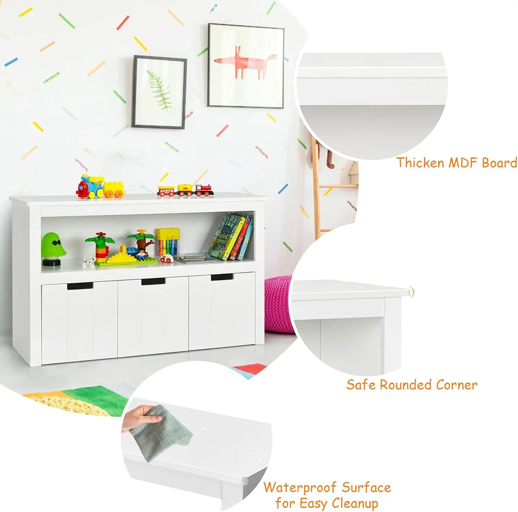 COSTWAY Kids Toy Storage Cabinet, Wooden Playroom Chest with Drawers and Large Open Shelf, Children Room Toys Books Storage Organizer for Boys Girls. For detailed product dimensions, please refer to the size chart in the product description.