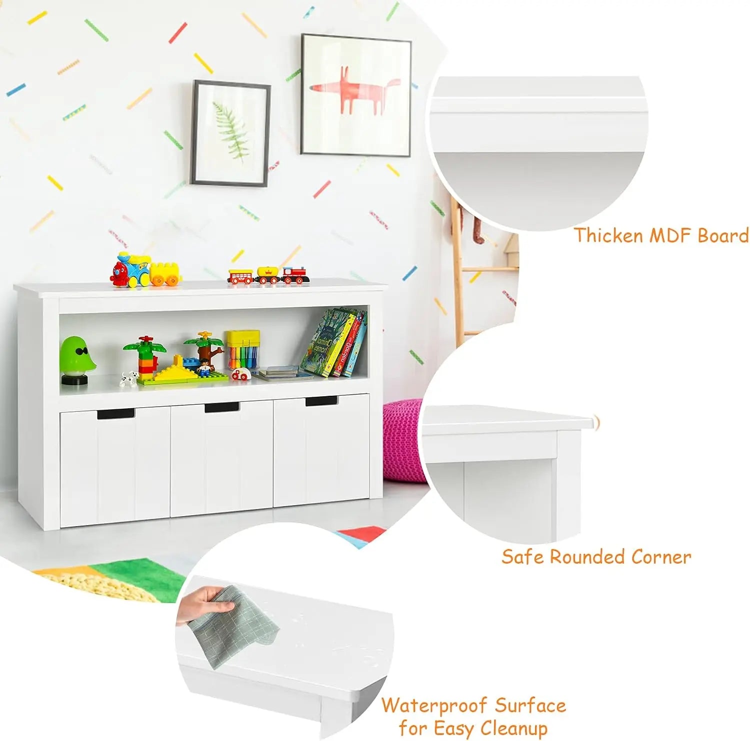 COSTWAY Kids Toy Storage Cabinet, Wooden Playroom Chest with Drawers and Large Open Shelf, Children Room Toys Books Storage Organizer for Boys Girls. For detailed product dimensions, please refer to the size chart in the product description.