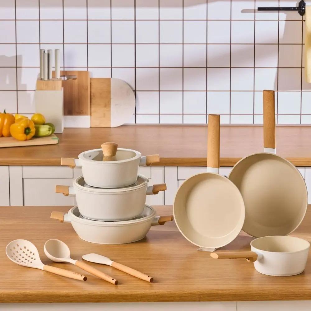 12‑Piece Ceramic Non‑Stick Pots and Pans Set, Almond Cream Induction Compatible Cookware Set, Scratch‑Resistant Ceramic Coating with Cooking Utensils, Non‑Toxic Cookware for Gas Electric All Stovetops