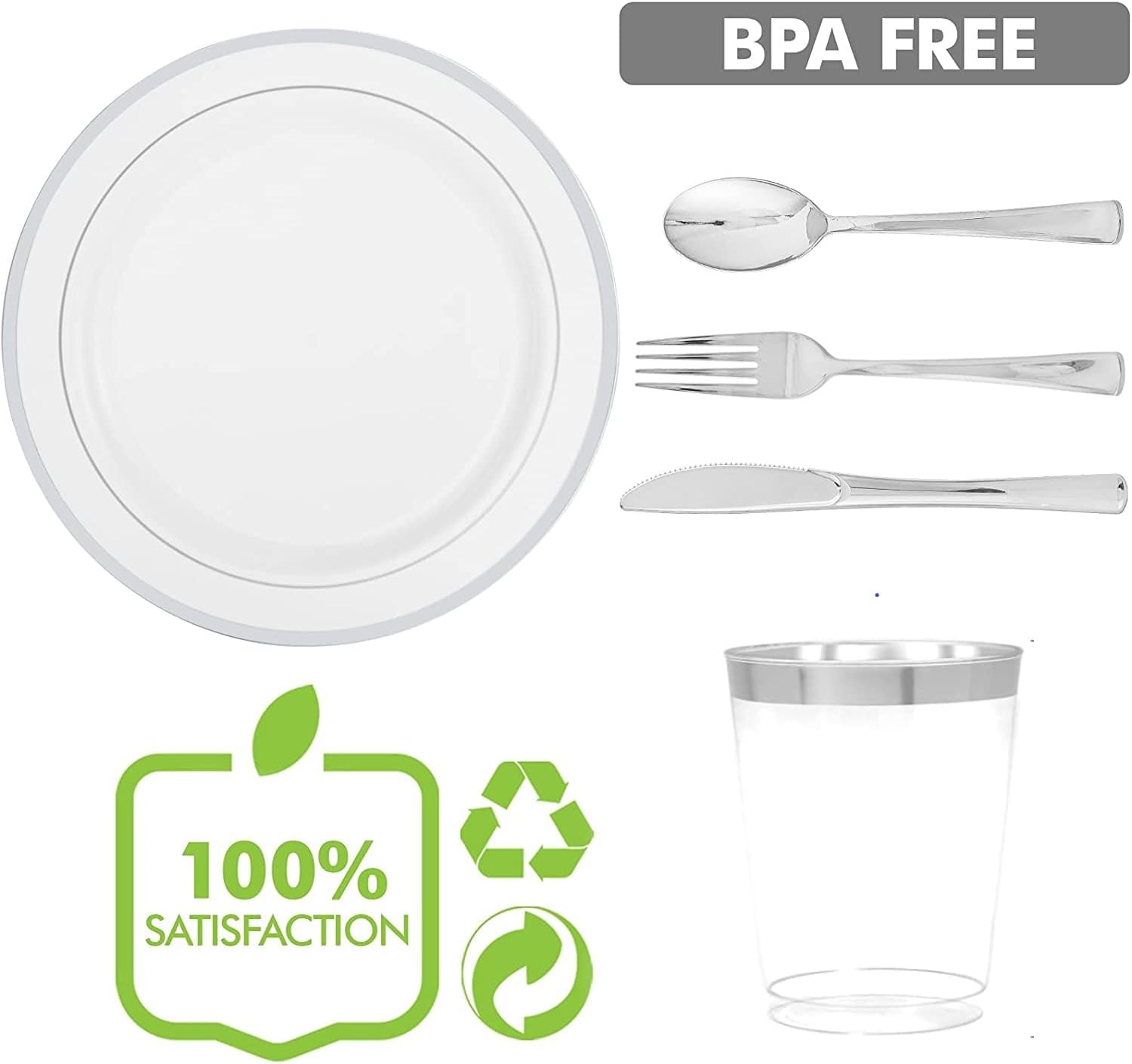Multi-Use  Plastic Dinnerware Set,  Resuable Dinner Plates,  Salad Plates,  Knives,  Mini Forks,  Spoons,  300ml Cups for Wedding Anniversary Garden Party