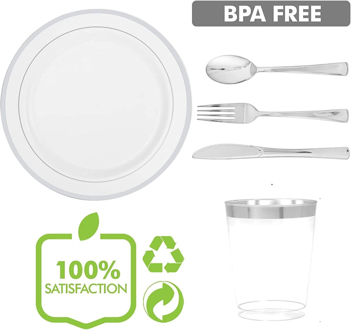 Multi-Use  Plastic Dinnerware Set,  Resuable Dinner Plates,  Salad Plates,  Knives,  Mini Forks,  Spoons,  300ml Cups for Wedding Anniversary Garden Party