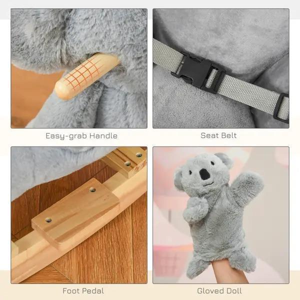 Cute Koala Toddler Rocking Animal Toy, Plush Ride‑On Rocker Chair with Sound & Detachable Puppet, Anti‑Tip Solid Wood Base with Safety Harness for Kids 18‑36 Months, Bedroom Play Gift