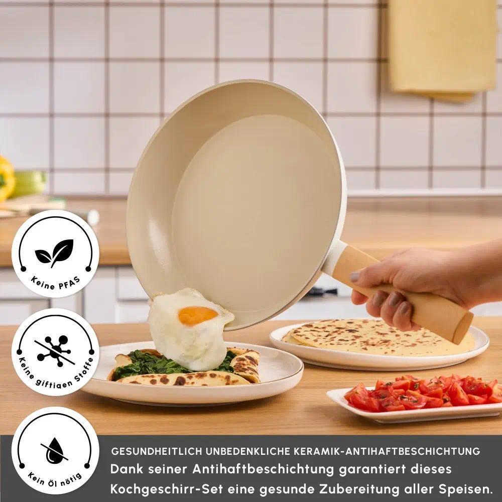 7-Piece Ceramic Non-Stick Cookware Set with Lids, Crystal Almond PFAS-Free Pots and Pans, Non-Toxic Aluminum Cooking Set, Cream Finish, Induction Hob Compatible & Dishwasher Safe for Kitchen