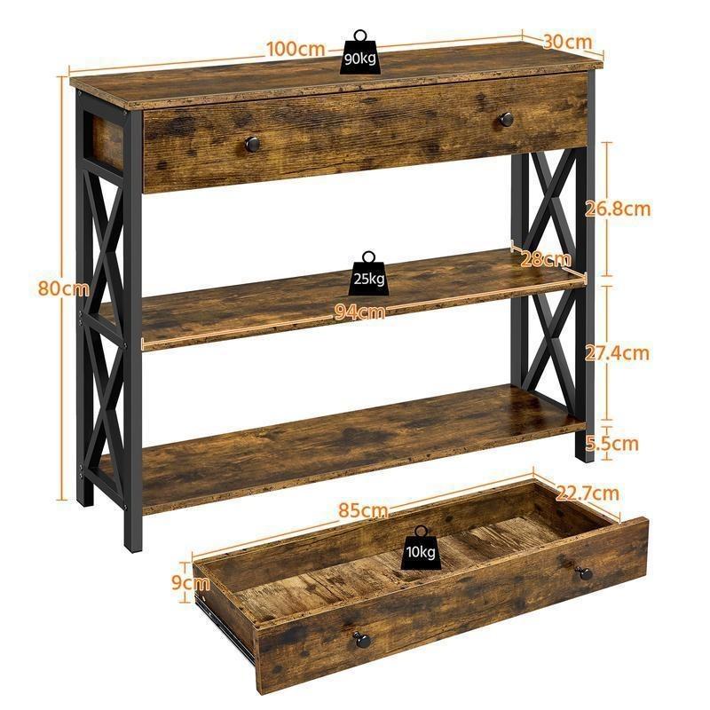 Industrial Vintage Console Table, MDF & Iron Frame Entryway Table with Drawer and 2 Open Storage Shelves, 3-Tier Narrow Sofa Side Table, Multifunctional TV Stand Accent Furniture for Living Room Hallway Bedroom Entryway