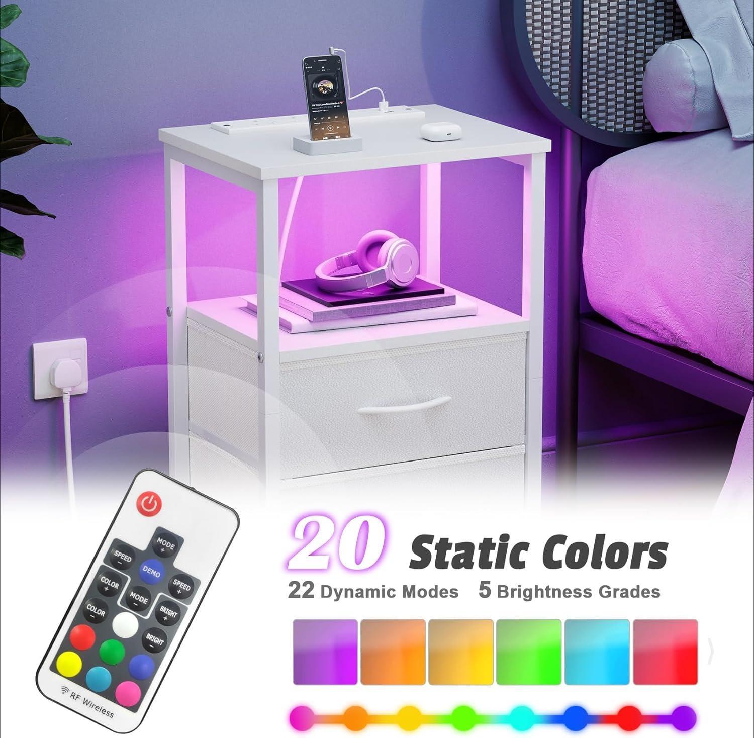40cm Wide LED Bedside Table with Charging Station | 2 Fabric Drawers Nightstand with USB Ports | Slim End Table for Small Spaces in Bedroom, Living Room [Plus A Free Gift]